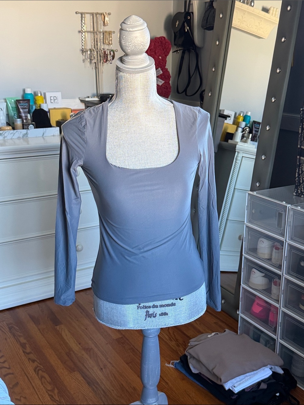 Women's Long Sleeve Square Neck Top - Blue Gray